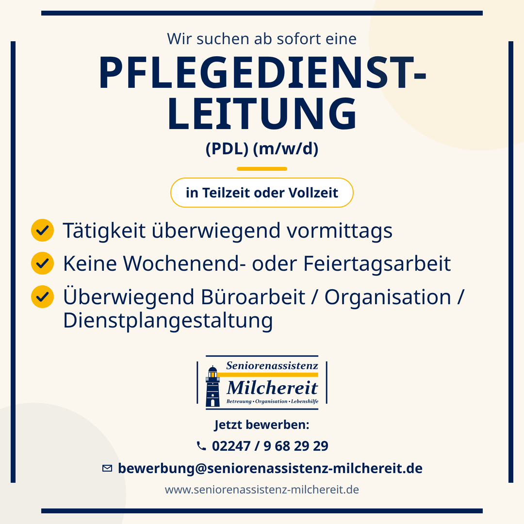 Stellenangebot Pflegedienstleitung (PDL) (m/w/d) – in Teilzeit oder Vollzeit